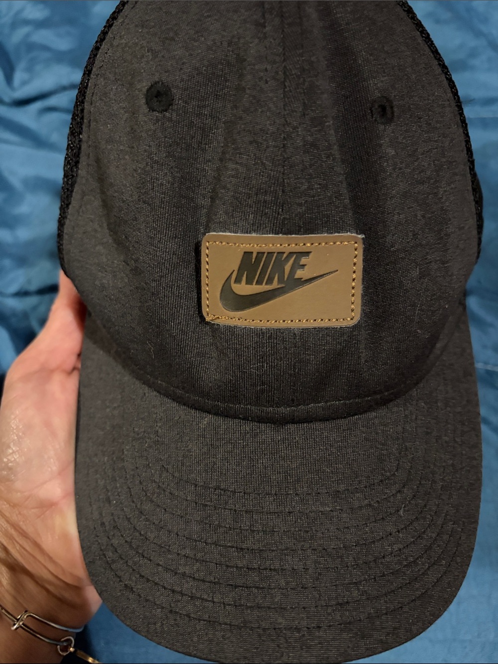 Nike charcoal w/black mesh back cap with brown leather patch